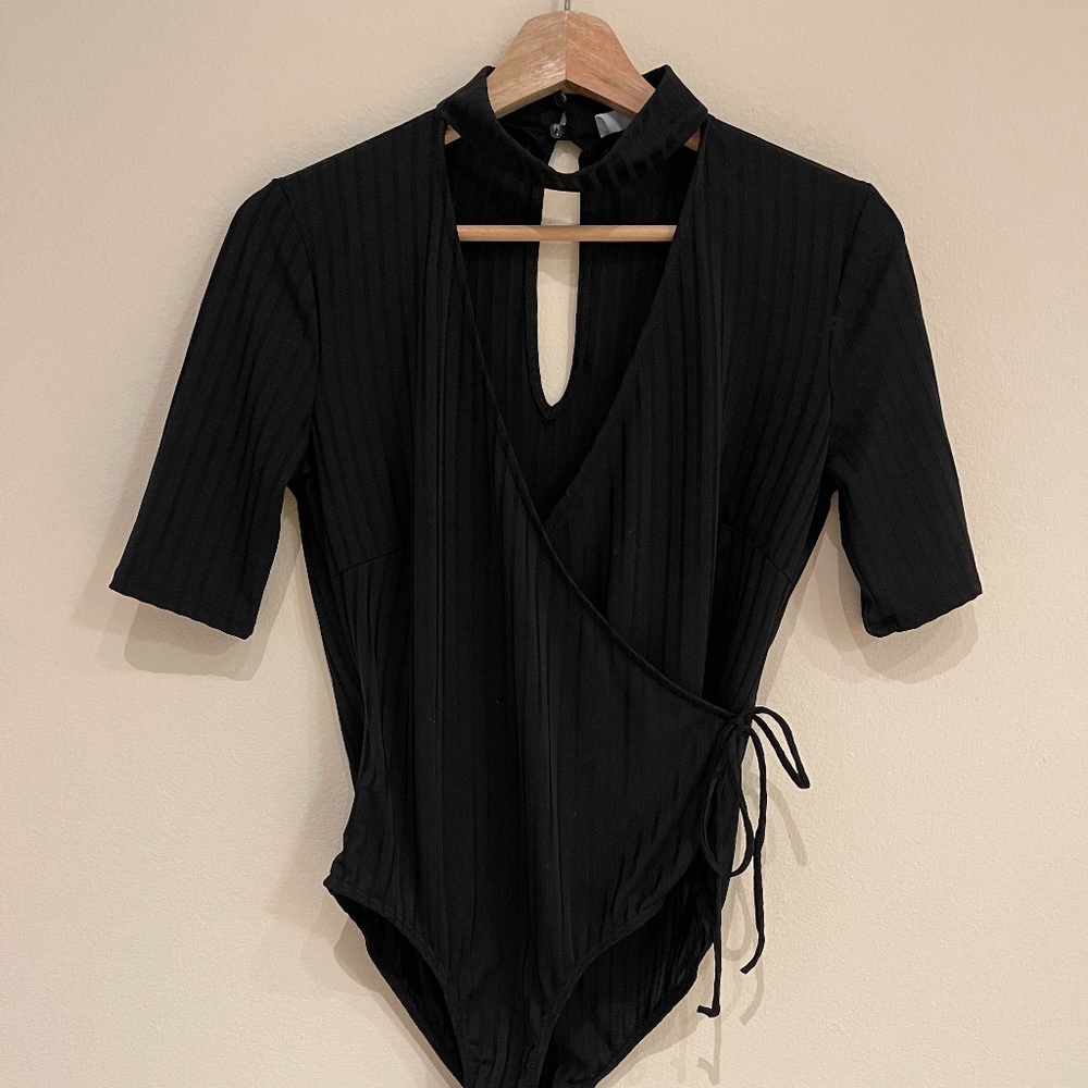 Astr The Label Black Ribbed Wrap Bodysuit